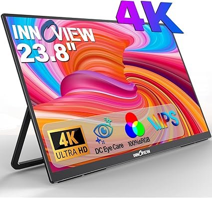 Innoview 23.8” 4K Portable Monitor, UHD (3840*2160) 100%sRGB IPS Speakers USB-C HDMI Work Home Secon