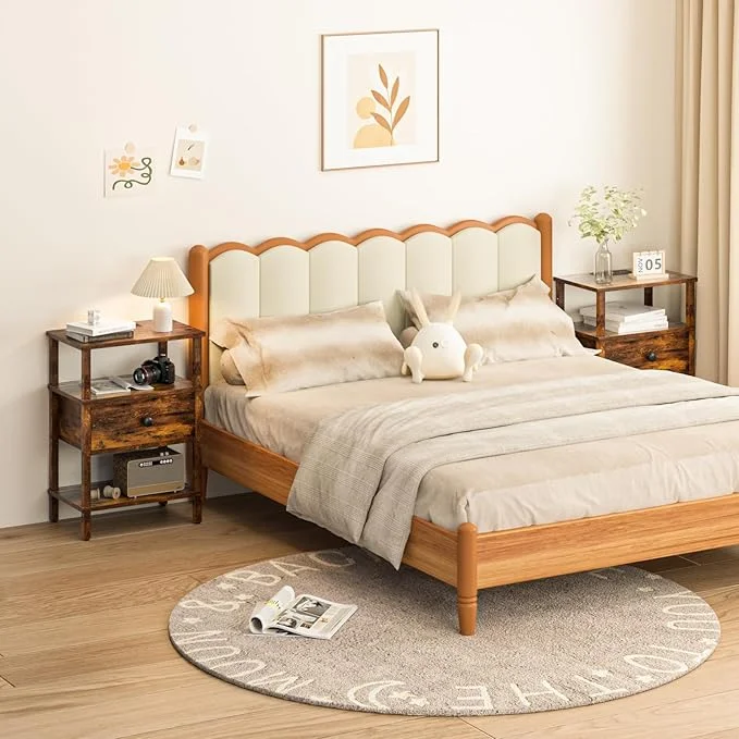 Lerliuo Nightstand with Charging Station and USB Ports, 3-Tier Storage End Table with Drawer Shelf,